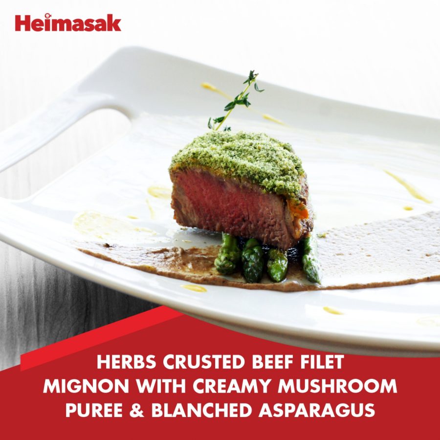 Herbs Crusted Beef Filet Mignon With Creamy Mushroom Puree & Blanched Asparagus